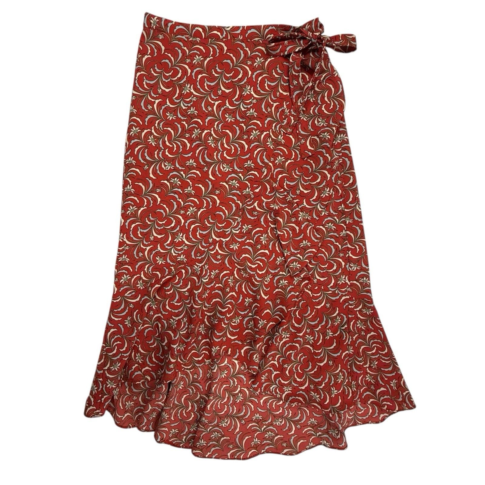 Max Studio Midi Floral Faux Wrap Skirt Small Red Blue Hi Lo Ruffle Hem Boho